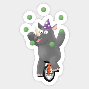 Funny cute rhino juggling on unicycle Sticker